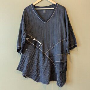 Tara Vao Tunic Top Med Black Lagenlook 1/2 Sleeve Assymetric Crinkle Art To Wear